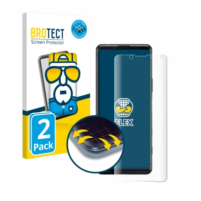 Front side of a product packaging with the brand logo BROTECT. Next to it is the device Sony Xperia 5 II shown with the corres