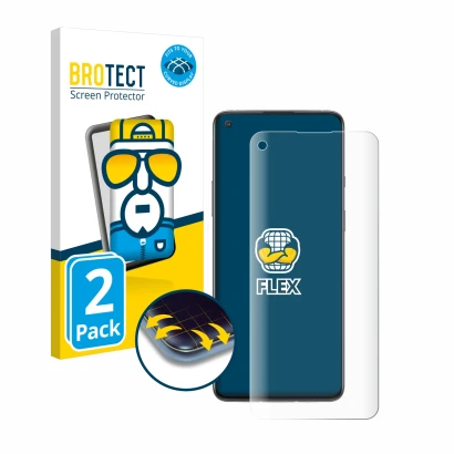 Front side of a product packaging with the brand logo BROTECT. Next to it is the device OnePlus 8T shown with the correspondin