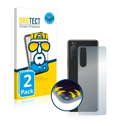 Front side of a product packaging with the brand logo BROTECT. Next to it is the device Sony Xperia 5 II (Back) shown with the