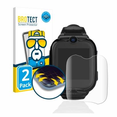 Front side of a product packaging with the brand logo BROTECT. Next to it is the device Xplora Go 2 shown with the correspondi