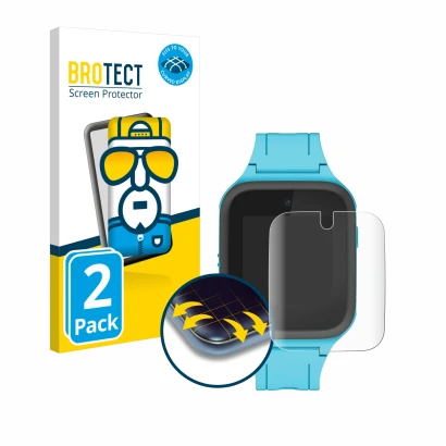 Front side of a product packaging with the brand logo BROTECT. Next to it is the device TCL Movetime FamilyWatch Kids MT40X sh