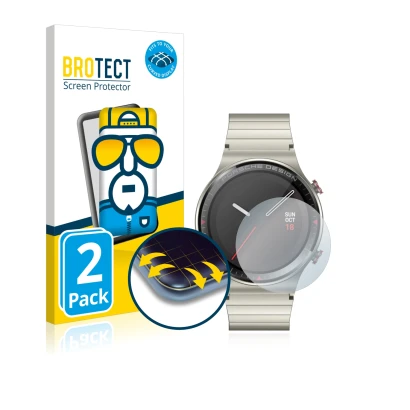 Front side of a product packaging with the brand logo BROTECT. Next to it is the device Huawei Watch GT 2 Porsche Design shown