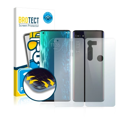 Front side of a product packaging with the brand logo BROTECT. Next to it is the device Motorola Edge (Front+Back) shown with 