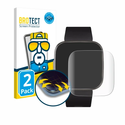 Front side of a product packaging with the brand logo BROTECT. Next to it is the device Fitbit Versa 2 Special Edition shown w