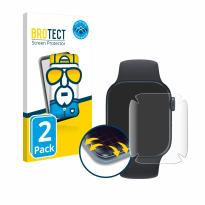 Front side of a product packaging with the brand logo BROTECT. Next to it is the device Apple Watch Series 7 (41 mm) shown wit