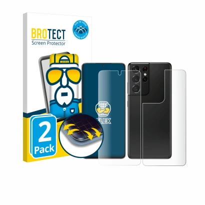 Front side of a product packaging with the brand logo BROTECT. Next to it is the device Samsung Galaxy S21 Ultra 5G (Front+Bac