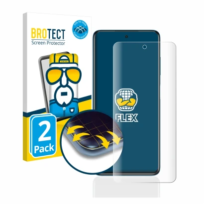 Front side of a product packaging with the brand logo BROTECT. Next to it is the device Xiaomi Poco X3 Pro shown with the corr