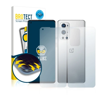 Front side of a product packaging with the brand logo BROTECT. Next to it is the device OnePlus 9 Pro (Front+Back) shown with 