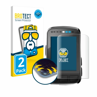 Front side of a product packaging with the brand logo BROTECT. Next to it is the device Wahoo Elemnt Bolt V2 GPS shown with th