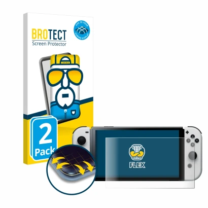 Front side of a product packaging with the brand logo BROTECT. Next to it is the device Nintendo Switch OLED-Modell shown with