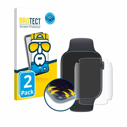 Front side of a product packaging with the brand logo BROTECT. Next to it is the device Apple Watch Series 7 (45 mm) shown wit