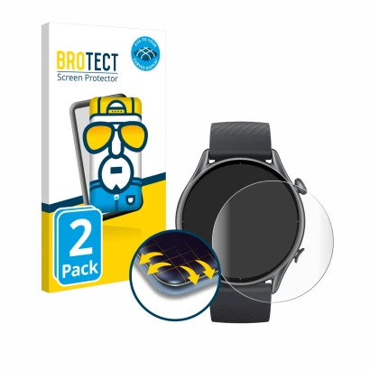Front side of a product packaging with the brand logo BROTECT. Next to it is the device Huami Amazfit GTR 3 shown with the cor
