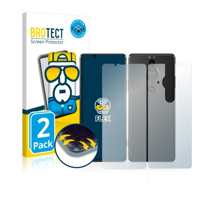 Front side of a product packaging with the brand logo BROTECT. Next to it is the device Sony Xperia Pro-I (Front+Back) shown w