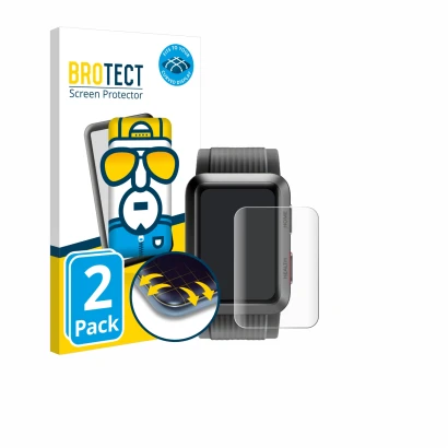 Front side of a product packaging with the brand logo BROTECT. Next to it is the device Huawei Watch D shown with the correspo