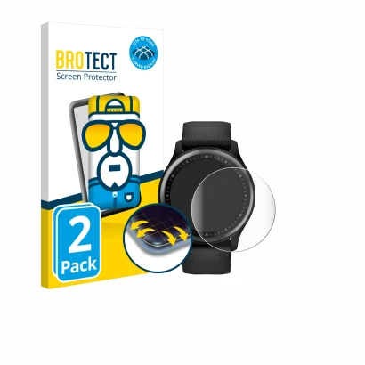 Front side of a product packaging with the brand logo BROTECT. Next to it is the device Garmin Vivomove Sport shown with the c