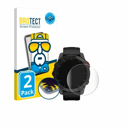 Front side of a product packaging with the brand logo BROTECT. Next to it is the device Garmin epix (Gen. 2) shown with the co