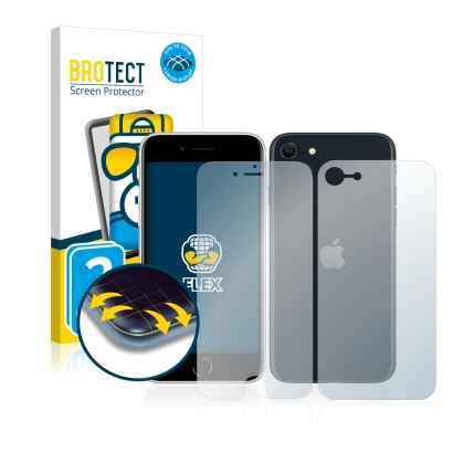 Front side of a product packaging with the brand logo BROTECT. Next to it is the device Apple iPhone SE 3 2022 (Front+Back) sh