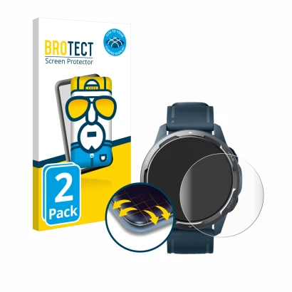 Front side of a product packaging with the brand logo BROTECT. Next to it is the device Xiaomi Watch S1 Active shown with the