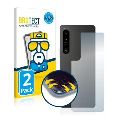 Front side of a product packaging with the brand logo BROTECT. Next to it is the device Sony Xperia 1 IV (Back) shown with the