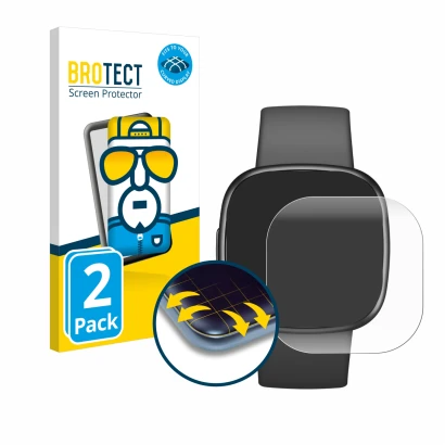 Front side of a product packaging with the brand logo BROTECT. Next to it is the device Fitbit Sense 2 shown with the correspo