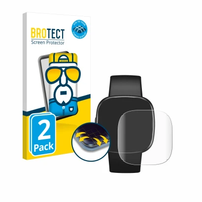 Front side of a product packaging with the brand logo BROTECT. Next to it is the device Fitbit Versa 4 shown with the correspo