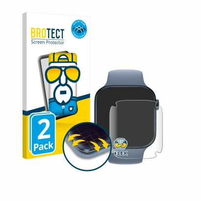Front side of a product packaging with the brand logo BROTECT. Next to it is the device Apple Watch Series 8 (45 mm) shown wit