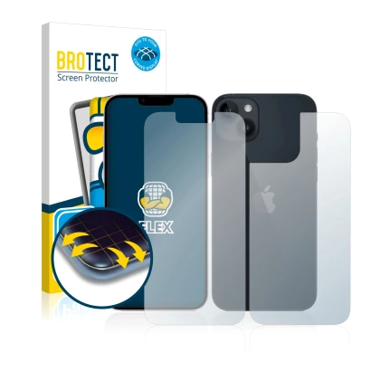 Front side of a product packaging with the brand logo BROTECT. Next to it is the device Apple iPhone 14 (Front+Back) shown wit