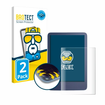 Front side of a product packaging with the brand logo BROTECT. Next to it is the device Amazon Kindle Reader 2022 shown with t