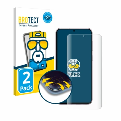 Front side of a product packaging with the brand logo BROTECT. Next to it is the device Samsung Galaxy S23 Plus shown with the