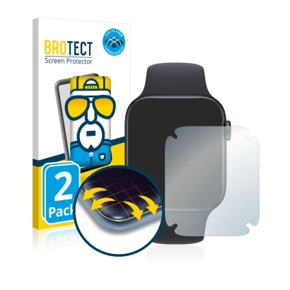 Front side of a product packaging with the brand logo BROTECT. Next to it is the device Apple Watch SE 2022 (44 mm) shown with