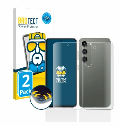 Front side of a product packaging with the brand logo BROTECT. Next to it is the device Samsung Galaxy S23 (Front+Back) shown 