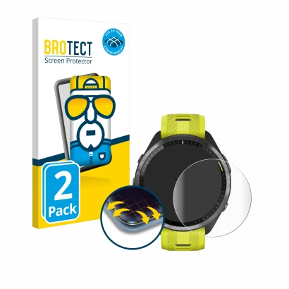 Front side of a product packaging with the brand logo BROTECT. Next to it is the device Garmin Forerunner 965 shown with the c