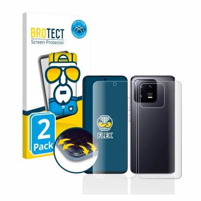 Front side of a product packaging with the brand logo BROTECT. Next to it is the device Xiaomi 13 (Front+Back) shown with the 