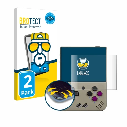 Front side of a product packaging with the brand logo BROTECT. Next to it is the device Miyoo Mini Plus shown with the corresp