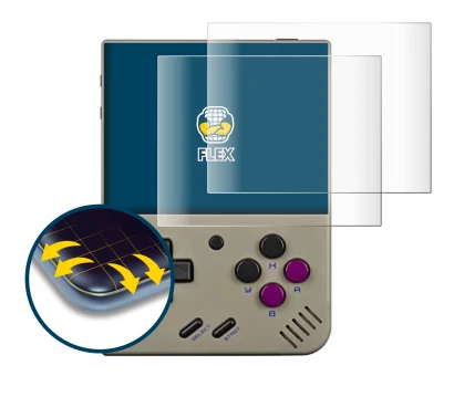 Image of the device Miyoo Mini Plus with a wide variety of screen protectors.