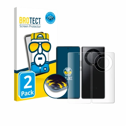 Front side of a product packaging with the brand logo BROTECT. Next to it is the device Honor Magic 5 Lite (Front+Back) shown 