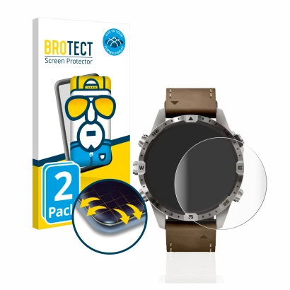 Front side of a product packaging with the brand logo BROTECT. Next to it is the device Garmin Marq Adventurer (Gen 2) shown w