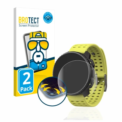 Front side of a product packaging with the brand logo BROTECT. Next to it is the device Suunto Vertical shown with the corresp