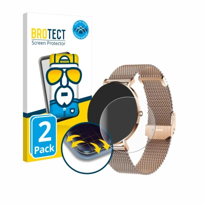 Front side of a product packaging with the brand logo BROTECT. Next to it is the device Xcoast X-Watch Siona 2 shown with the