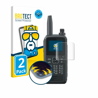 Front side of a product packaging with the brand logo BROTECT. Next to it is the device Kenwood TH-D75E D-Star shown with the