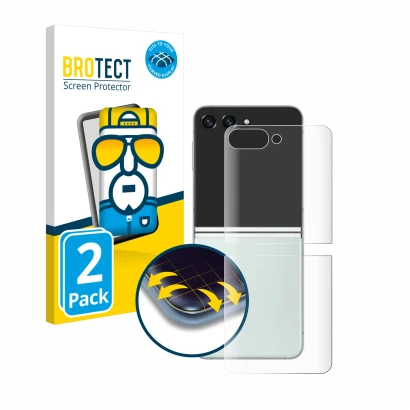 Front side of a product packaging with the brand logo BROTECT. Next to it is the device Samsung Galaxy Z Flip 5 (Back) shown w