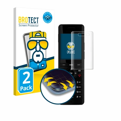 Front side of a product packaging with the brand logo BROTECT. Next to it is the device AVM Fritz!Fon X6 Black shown with the