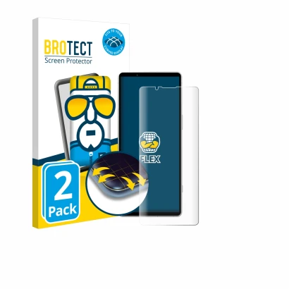 Front side of a product packaging with the brand logo BROTECT. Next to it is the device Sony Xperia 5 V shown with the corresp