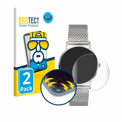 Front side of a product packaging with the brand logo BROTECT. Next to it is the device Liebeskind New Case Mesh (34 mm) shown