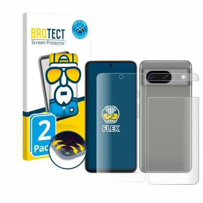 Front side of a product packaging with the brand logo BROTECT. Next to it is the device Google Pixel 8 (Front+Back) shown with