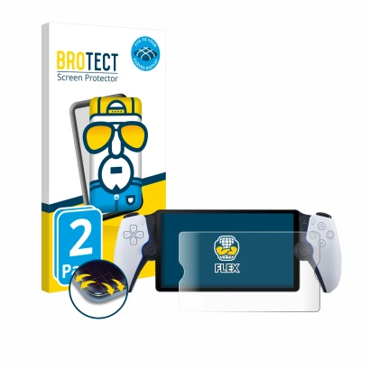 Front side of a product packaging with the brand logo BROTECT. Next to it is the device Sony Playstation Portal shown with the