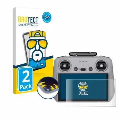 Front side of a product packaging with the brand logo BROTECT. Next to it is the device DJI RC 2 shown with the corresponding