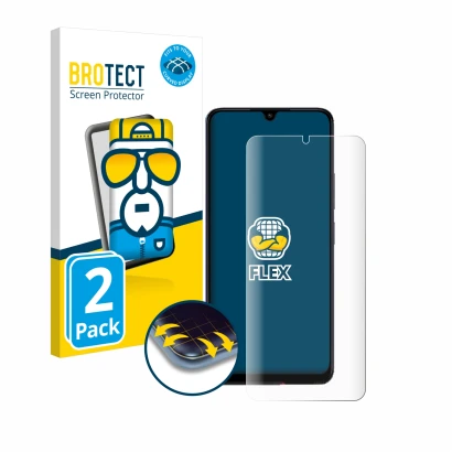 Front side of a product packaging with the brand logo BROTECT. Next to it is the device Xiaomi Poco C65 shown with the corresp