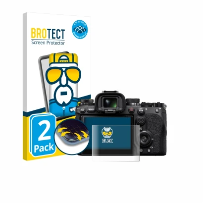 Front side of a product packaging with the brand logo BROTECT. Next to it is the device Sony Alpha 9 III shown with the corres