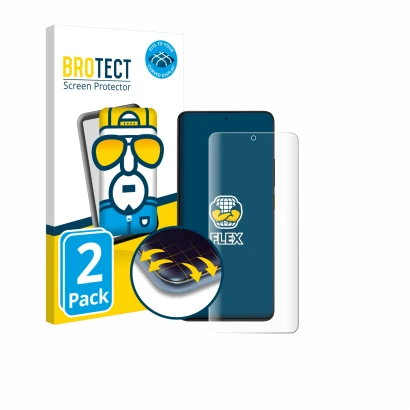 Front side of a product packaging with the brand logo BROTECT. Next to it is the device Xiaomi Poco X6 Pro shown with the corr